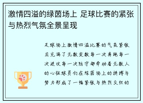 激情四溢的绿茵场上 足球比赛的紧张与热烈气氛全景呈现