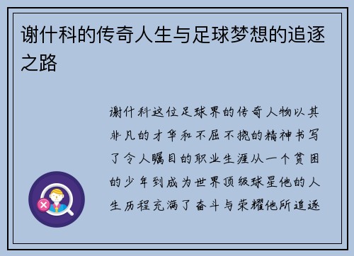 谢什科的传奇人生与足球梦想的追逐之路